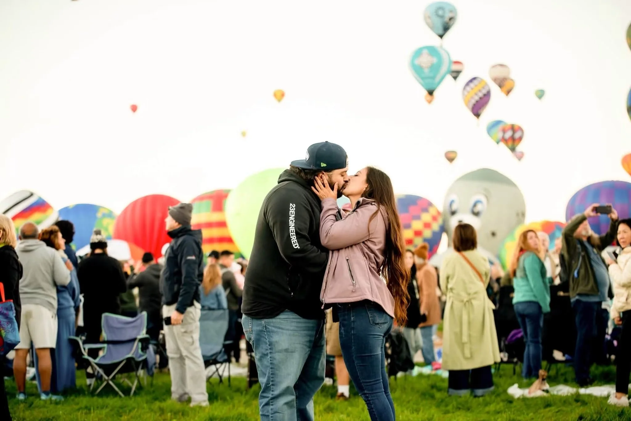 Romantic engagement portrait with hot air balloons in Albuquerque, New Mexico