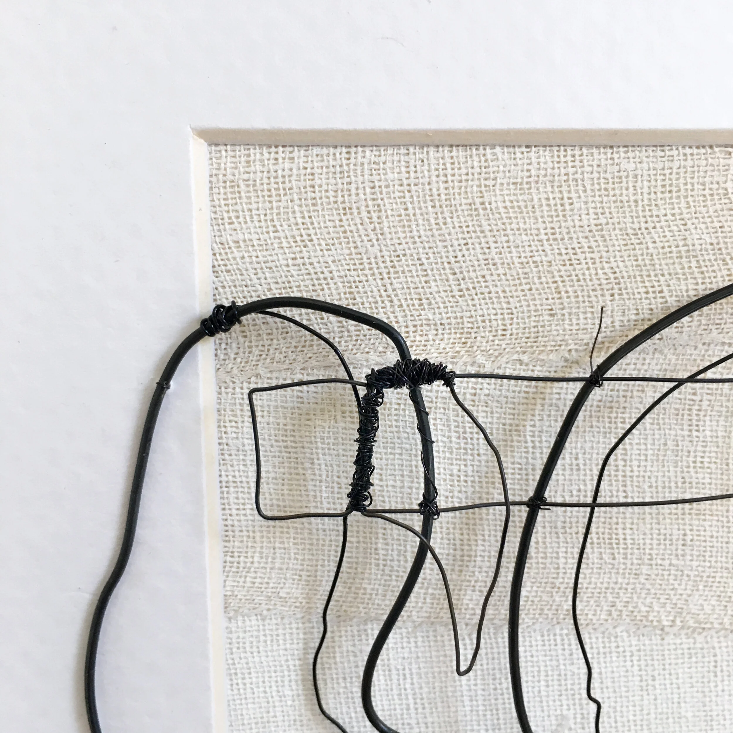 Detail of top edge of plaster brace and cotton strap with hardware. Hand formed and assembled using annealed steel wire. .