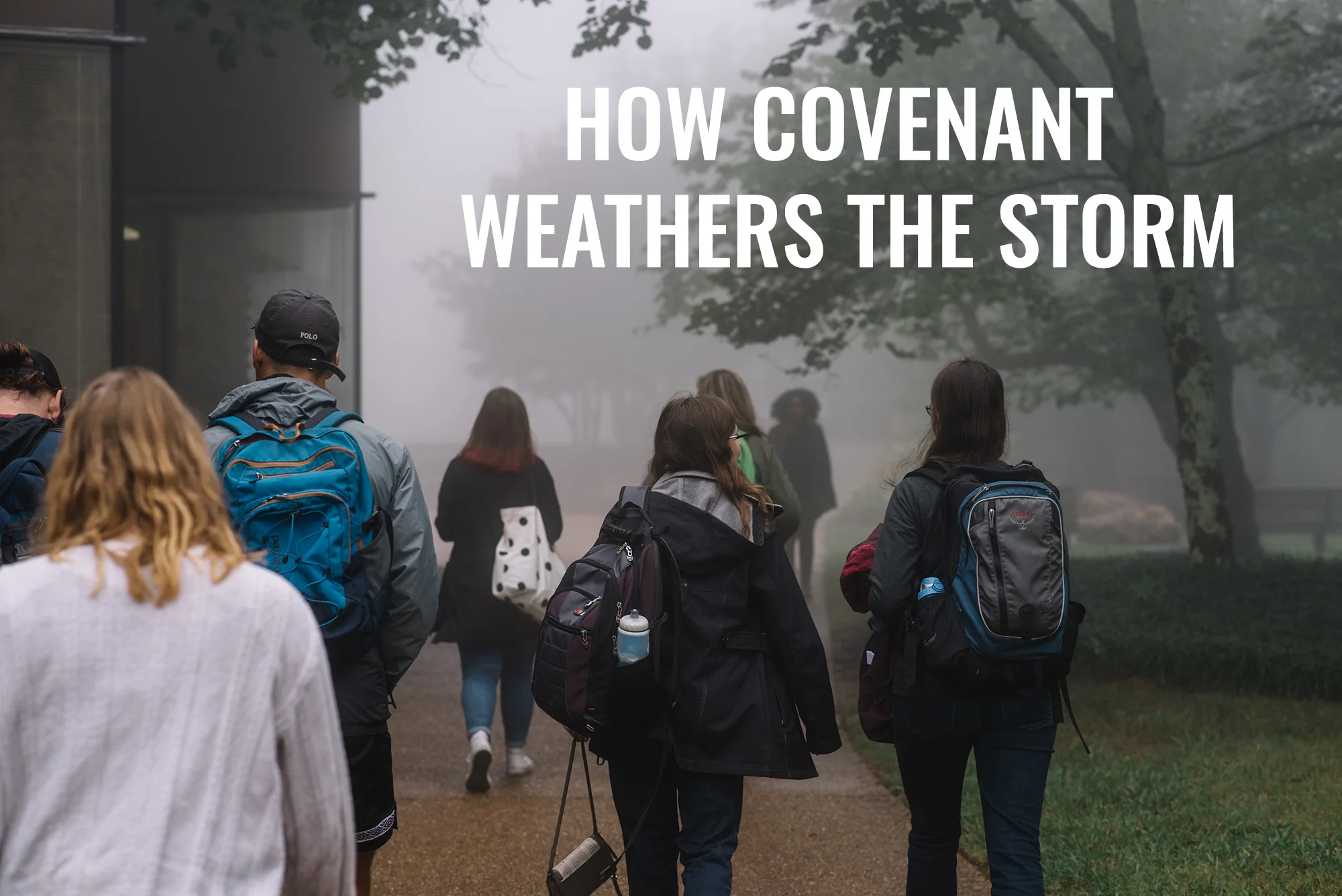 Covenant students walking through fog during weather associated with Hurricane Irma (photo: Reed Schick)