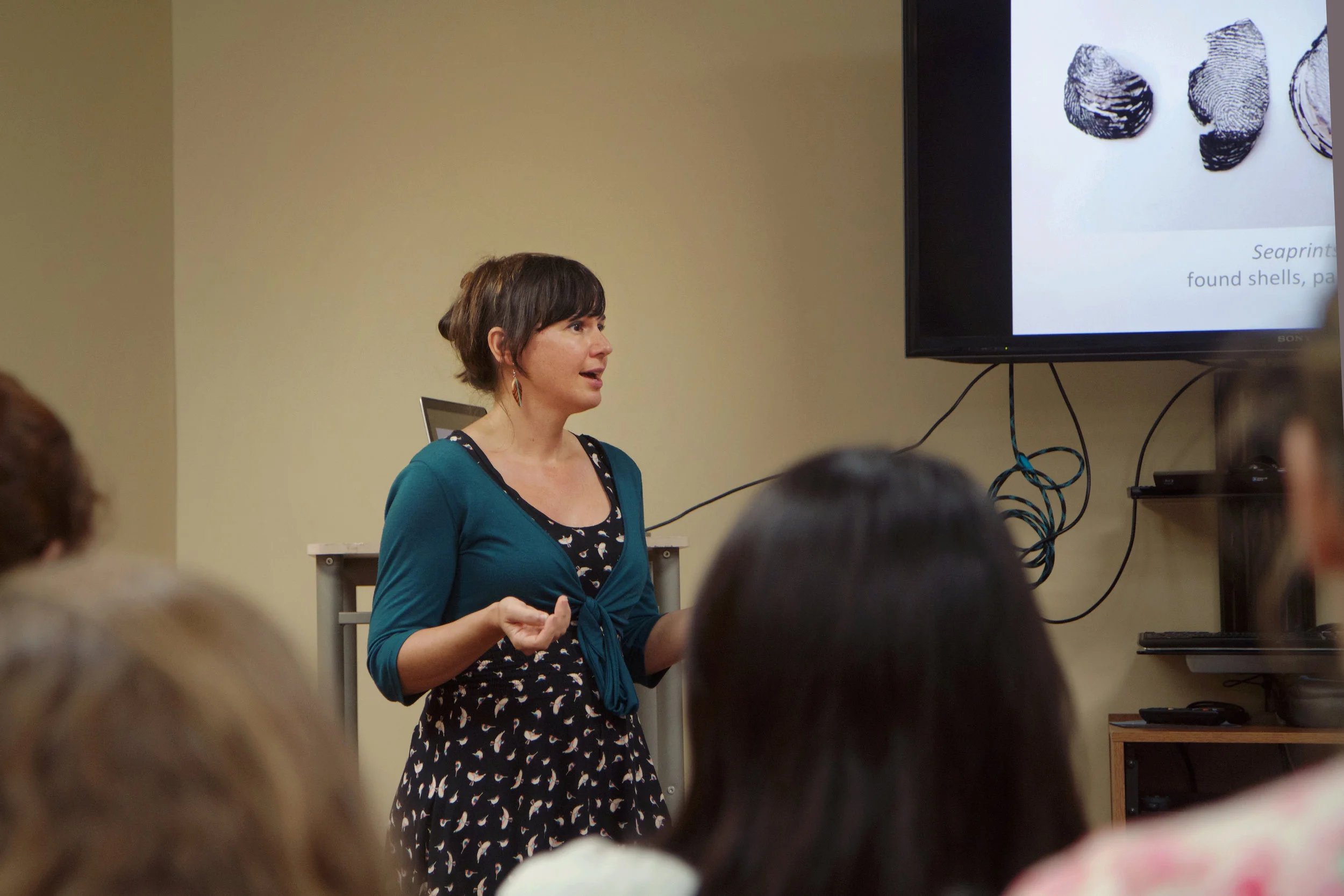 Artist Jenine Shereos addresses Covenant art students and others at "Inmaterial." Photo by Caleb Smith.