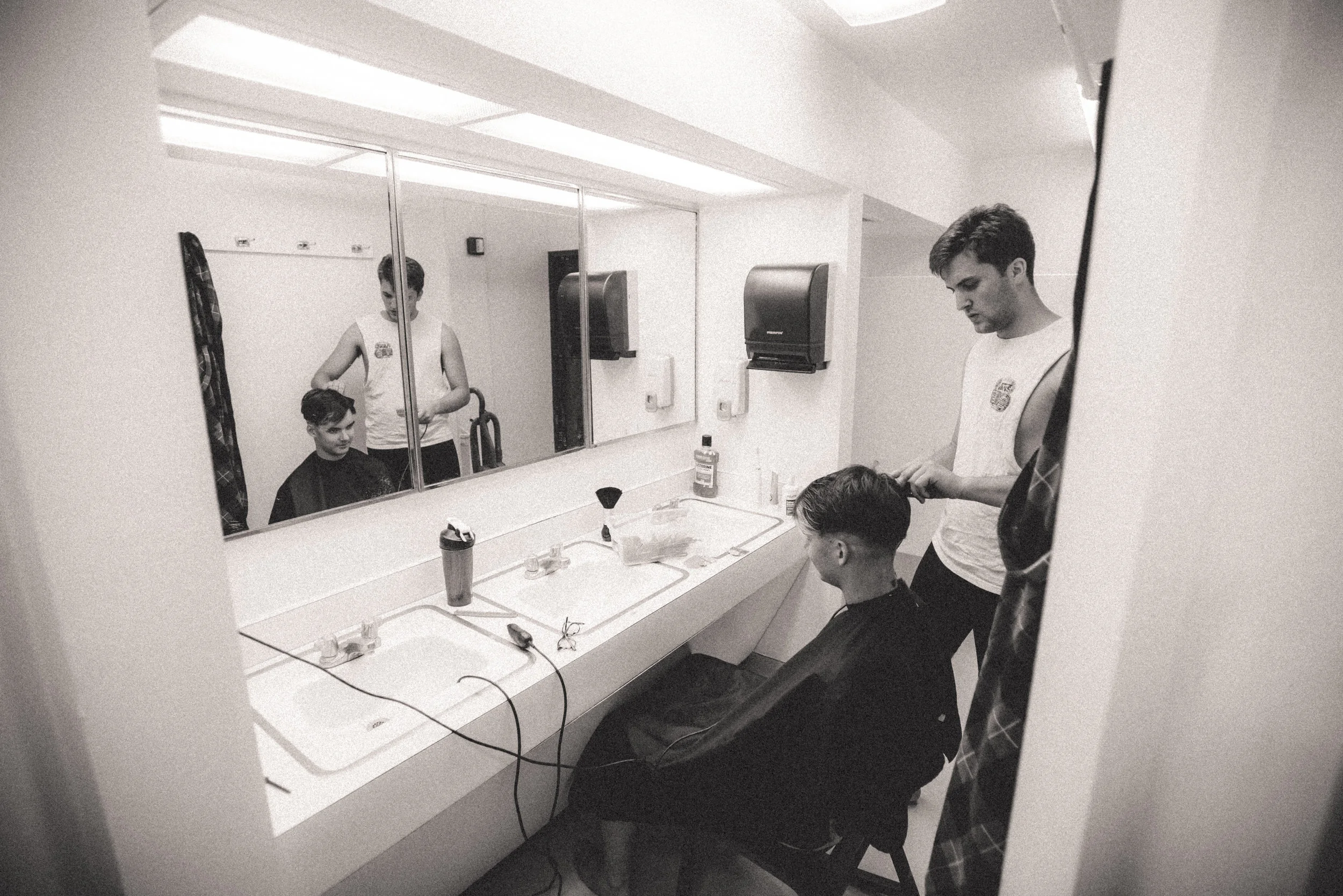 Entrepreneurs in Founders have recently started a full-service barbershop in one of the bathrooms. Go figure. (Photo by Reed Schick.)