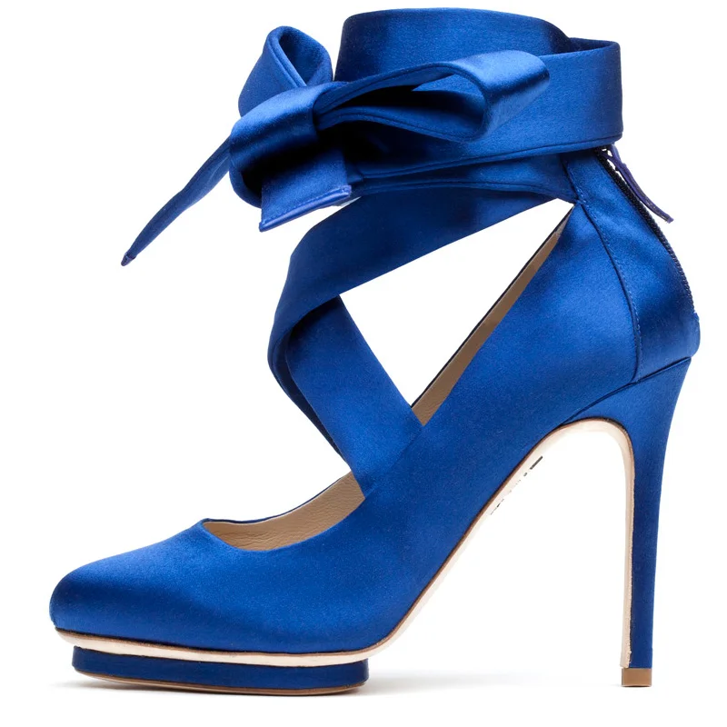 Blue Satin Designer heel side profile with bow