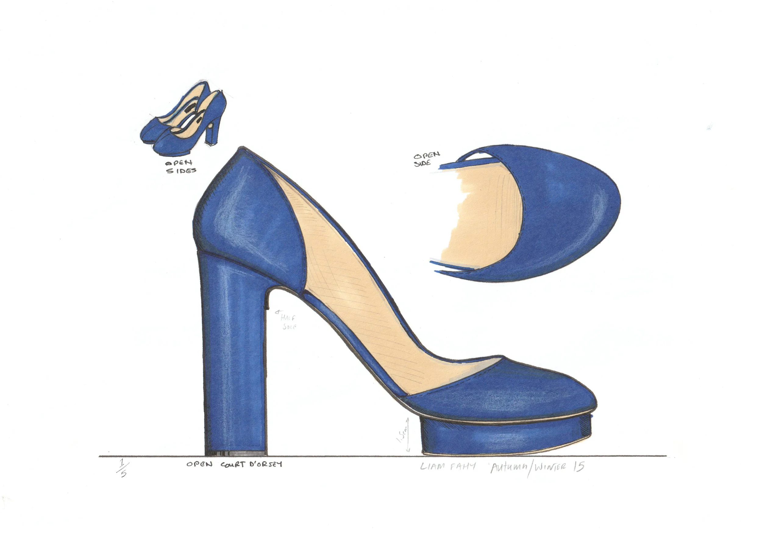 Limited edition illustration of blue leather court d'orsey pump platform