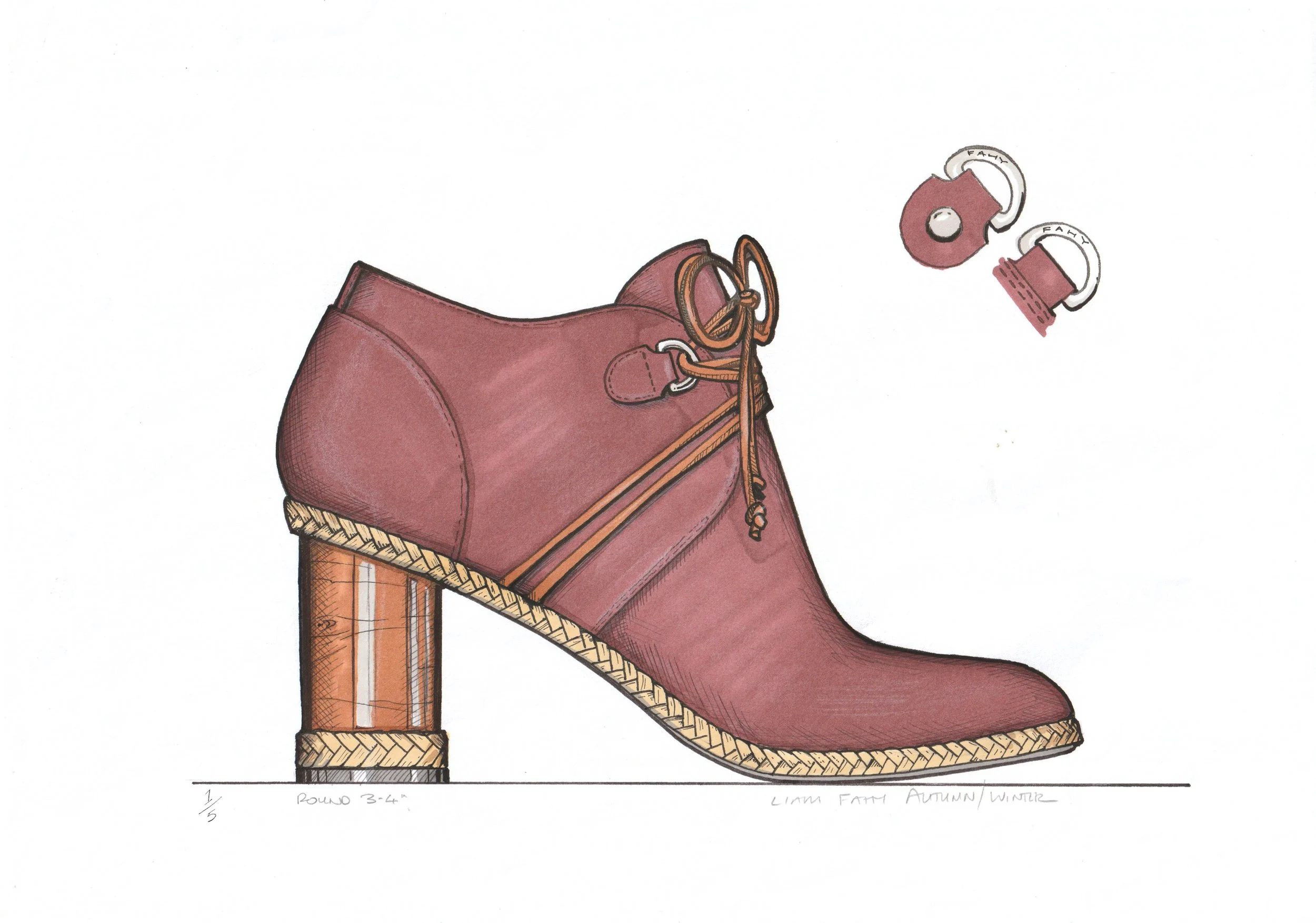 Limited edition illustration of burgundy ankle boot with wooden heel