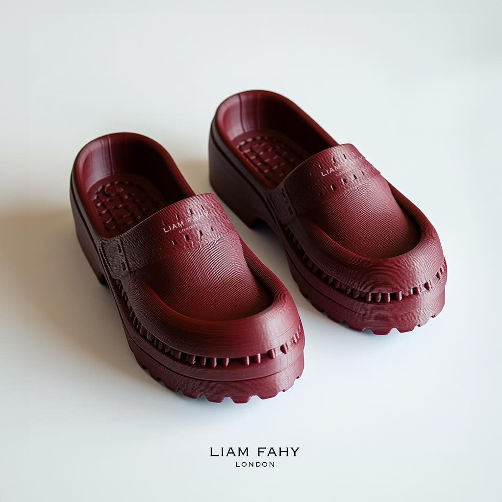 Plastic Fantastic baby 👊 3D steps ahead!
What&rsquo;s your favourite piece? 
.
.
.
.
.
- 3D printed burgundy resin clogs with logo transfer
- 3D printed clutch with nickel metal details
- 3D printed bracelet with logo transfer and nickel studs
- 3D 