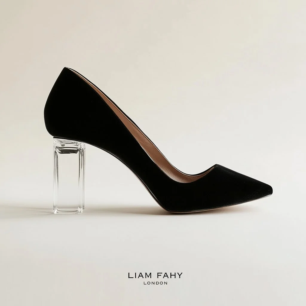 I could love you better! 🥁 

.
.
.
.
.
.
- black suede full cut upper with full leather lining. Perspex / acrylic 100mm heel, Cupid sole.
-  Perspex clutch purse with nickel details and satin pouch.
- Acrylic 2 colour bracelet two with engraved logo