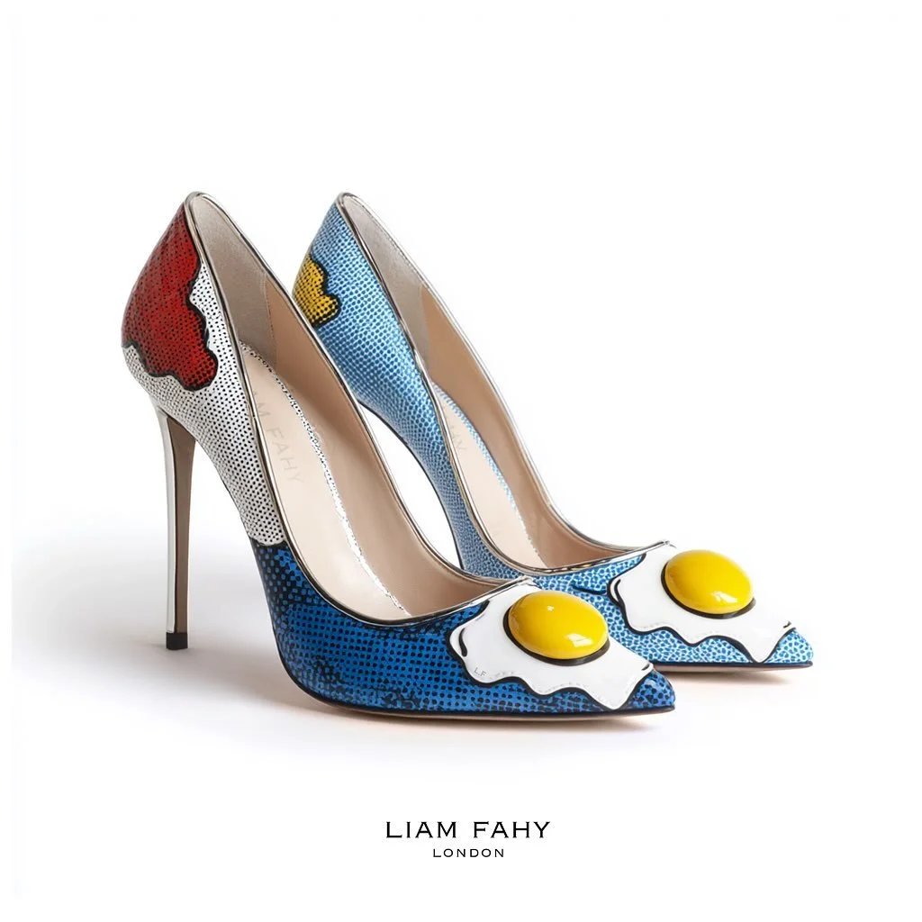 POP! 💥 
Tag a mate who likes it sunny side up!
🍳 🍳 

.
.
.
.
.
.
- Patent leather upper with custom print, acrylic fried egg 🍳 accessory and silver top edge binding. Leather lining with cuoio Jourdan sole and 105mm Louie Heel.
.
.
.
.
.

#LiamFah