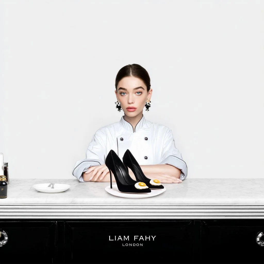 A woman in a white chef coat sits at a marble counter with decorative black high heels on a white plate and two sunny side up eggs on top of the shoes. The background is plain white and the kitchen branding reads Liam Fahy London.