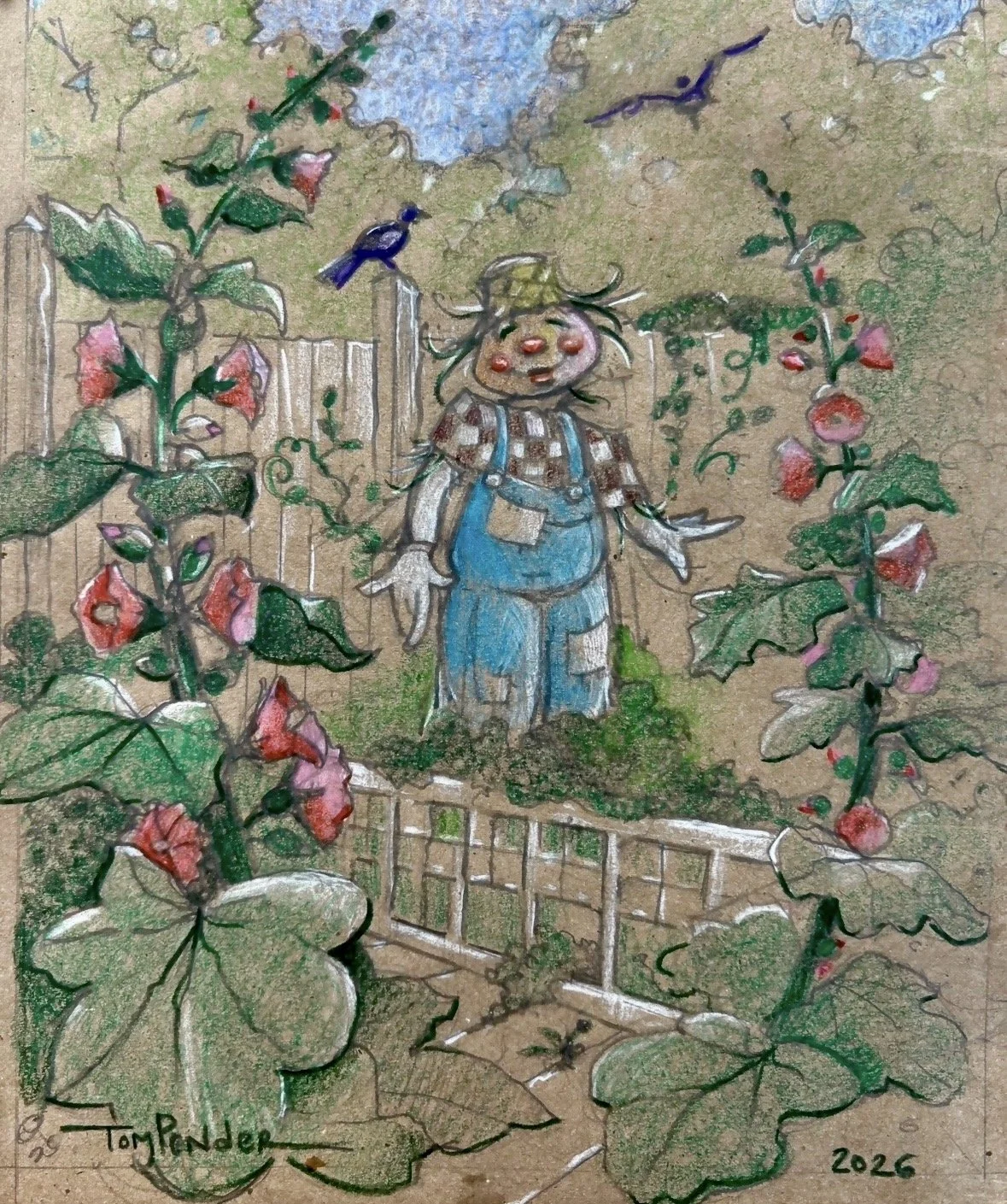 Hollyhock garden color pencil on half tone paper