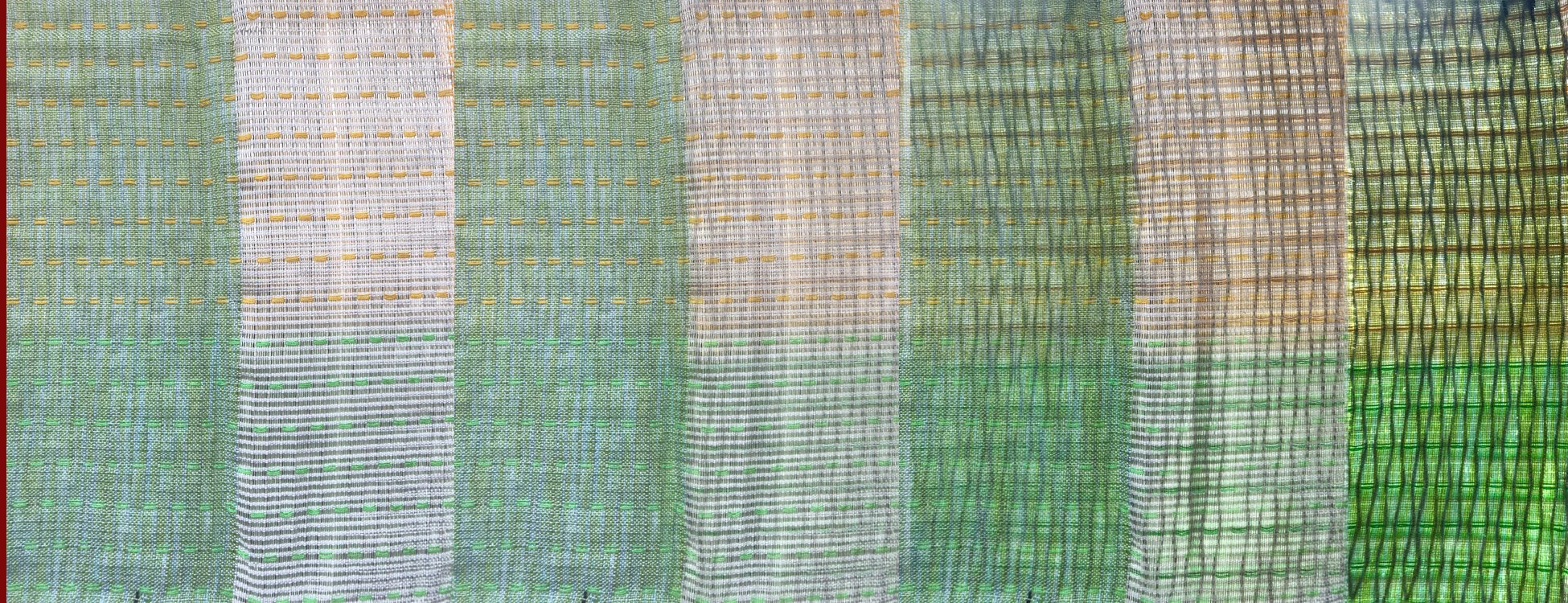 Spacers, 24-Harness Dobby Woven, 2017. Plastic cording, semi-translucent space-dyed nylon, polyester. Prototypes for future projects creating space dividers that change based on environmental conditions. In most light conditions, they appear solid and muted. When exposed to direct light, hidden layers, dramatic texture, deflecting wefts, and vibrant colors are revealed.