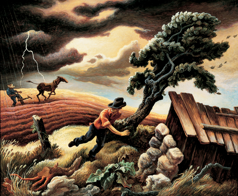 "The Hailstorm," Tempera on canvas mounted on panel, 33 x 40" Joslyn Art Museum, Omaha, Nebraska *This painting not shown in exhibition, depicted here to illustrate Benton's regionalist style