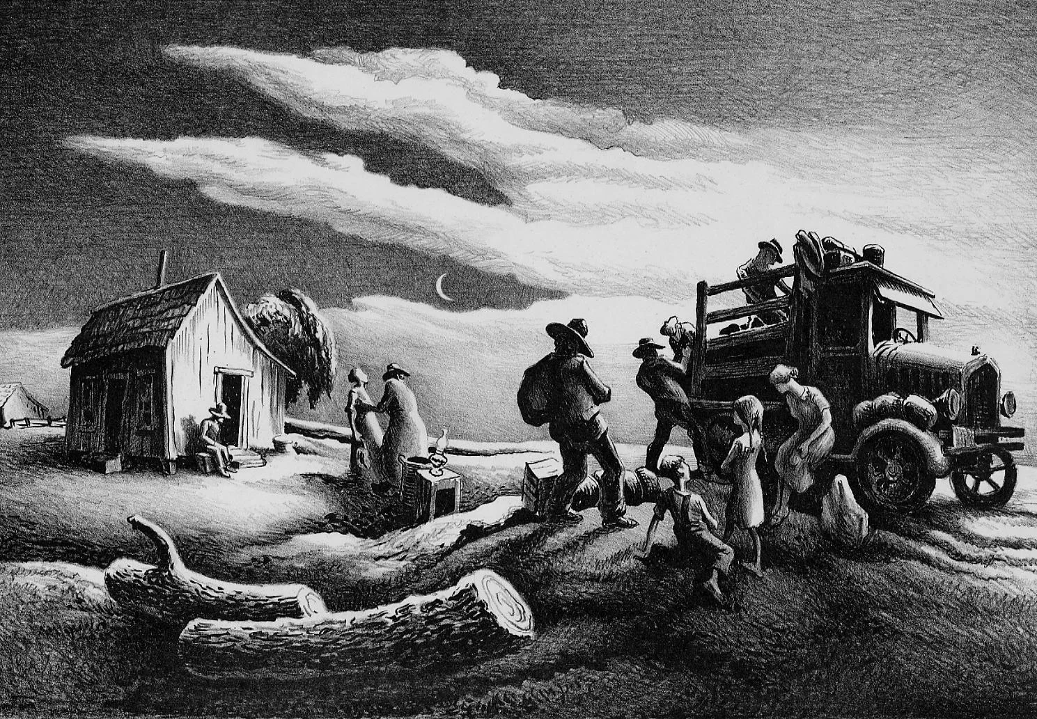 "Departure of the Joads. (The Grapes of Wrath Series)," 1939, lithograph, edition of 100, 12.75 x 18.25"