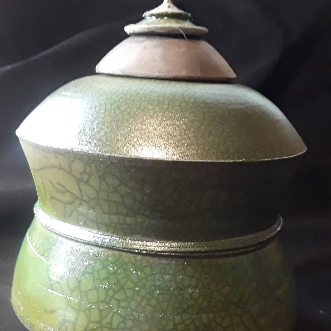 RAKU fired green crackle glaze .
Double lidded jar....soon to be listed on my website store ..karakupottery.com 

Claybell#gardenbell#templebell
#garden#gardenideas#uniquegift 
#chime#gardenfeature#japan#torii 
#gardendesign#bonsai# tea #teapot
#mugs