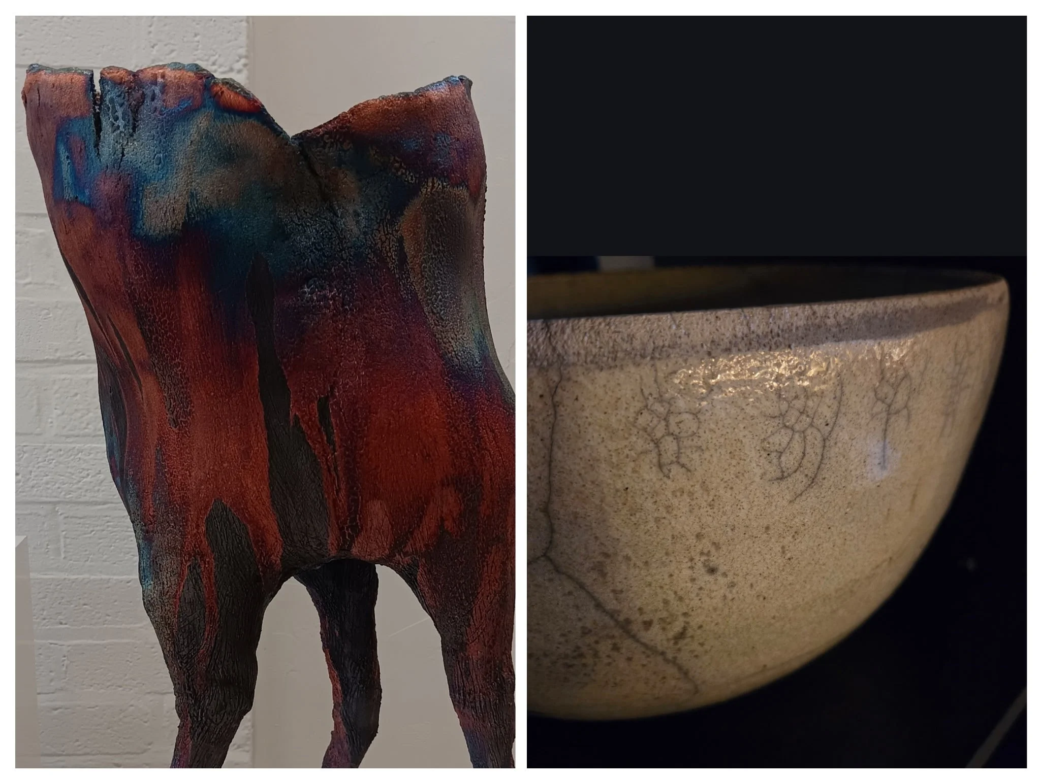 A colorful abstract sculpture on the left and a close-up of a stone or ceramic bowl on the right.