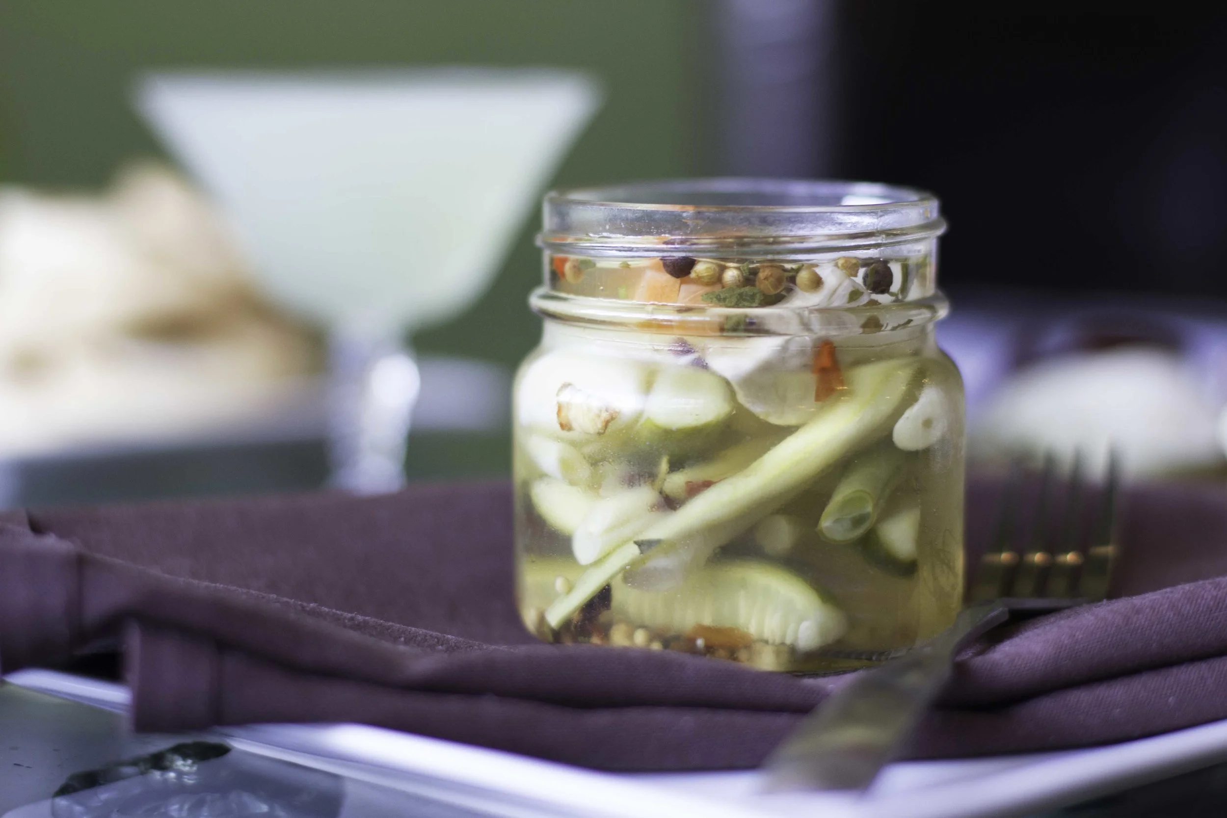 Pickle Jar: Baby Veggies, Carrots, Button Mushrooms, Green Beans, Wax Beans, Persian Cucumber, Pearl Onions.