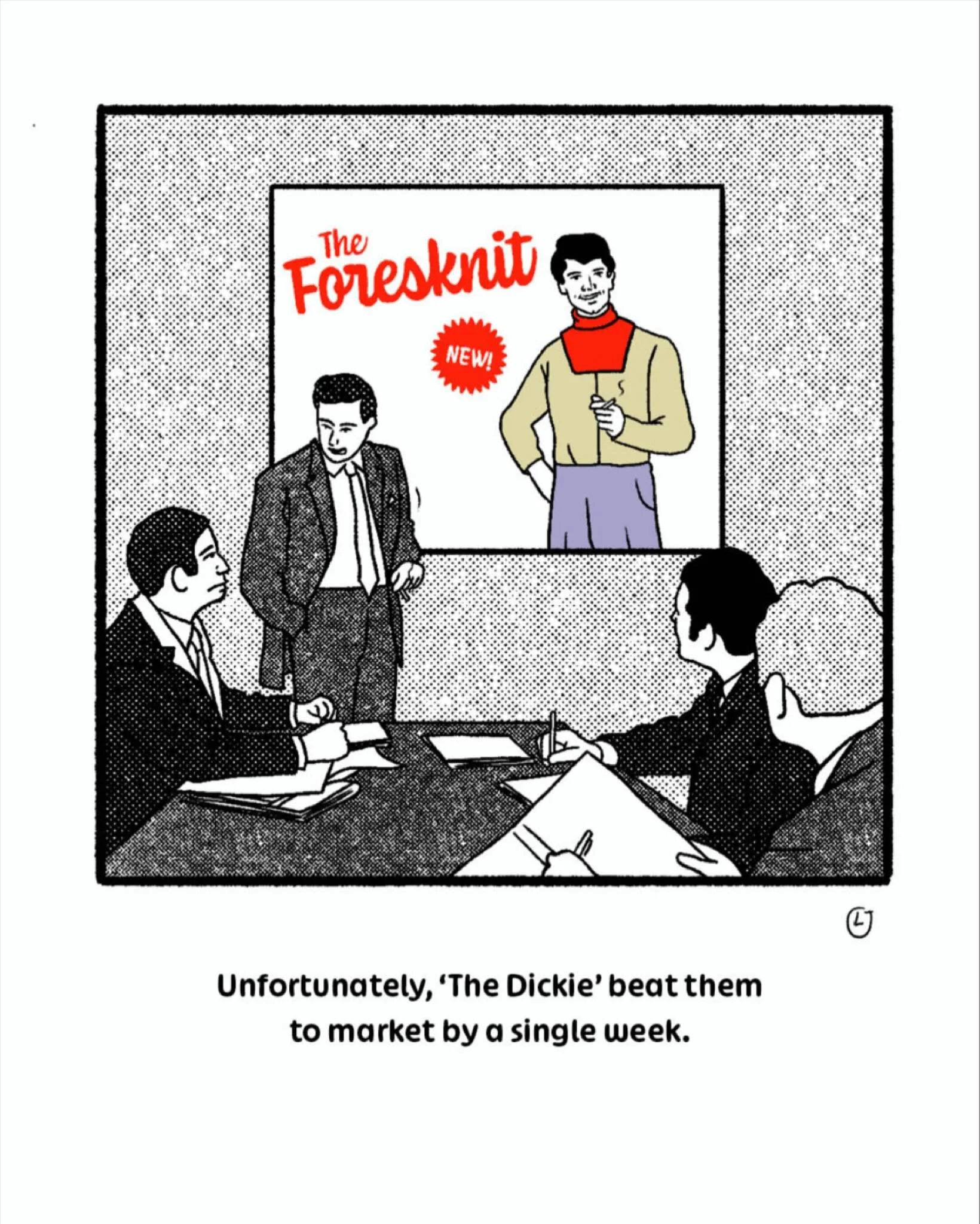 A cartoon about bringing a new product to market. 

#fashion #cartoon #comic #madmen