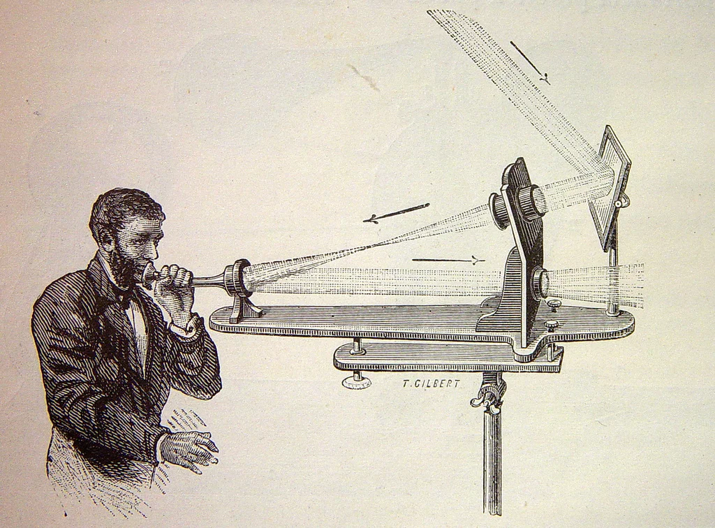 Illustration of a photophone transmitter, showing the path of reflected sunlight, before and after being modulated ( https://en.wikipedia.org/wiki/Photophone)