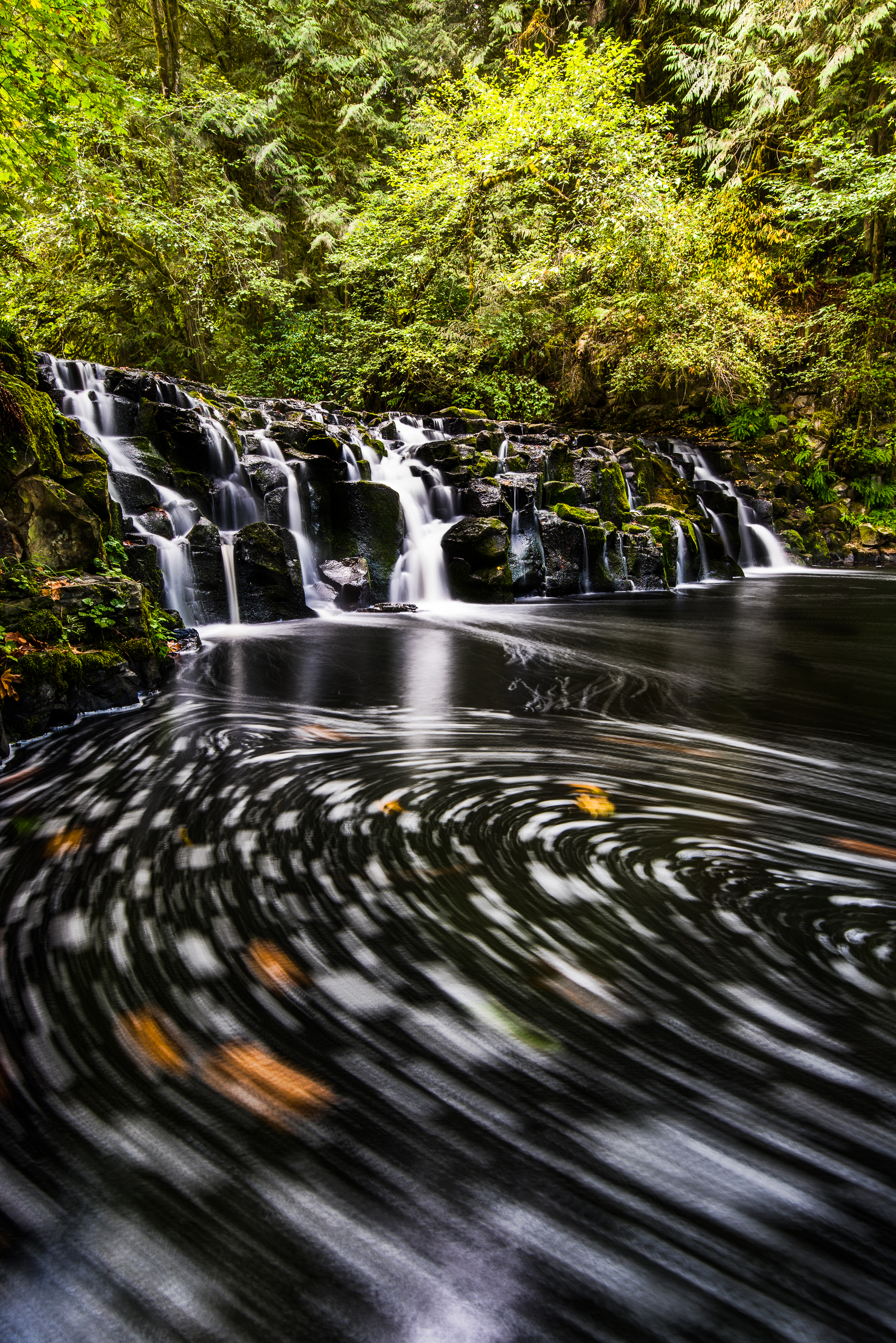 The Upper Beaver Falls with whirlpool during the start of the fall color as the orange leafs swirl in the water.