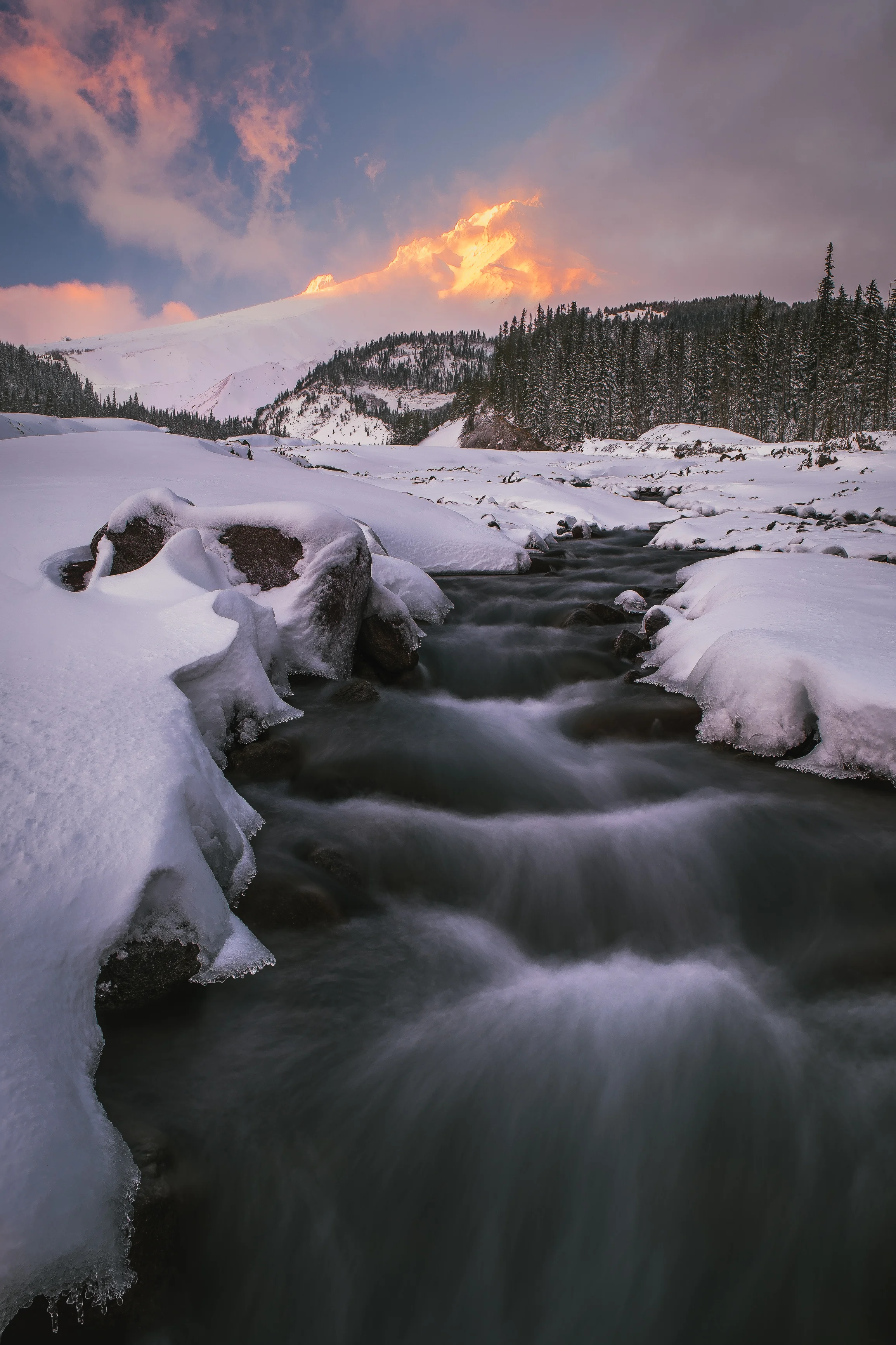 Mt. Hood Oregon winter snow sunset