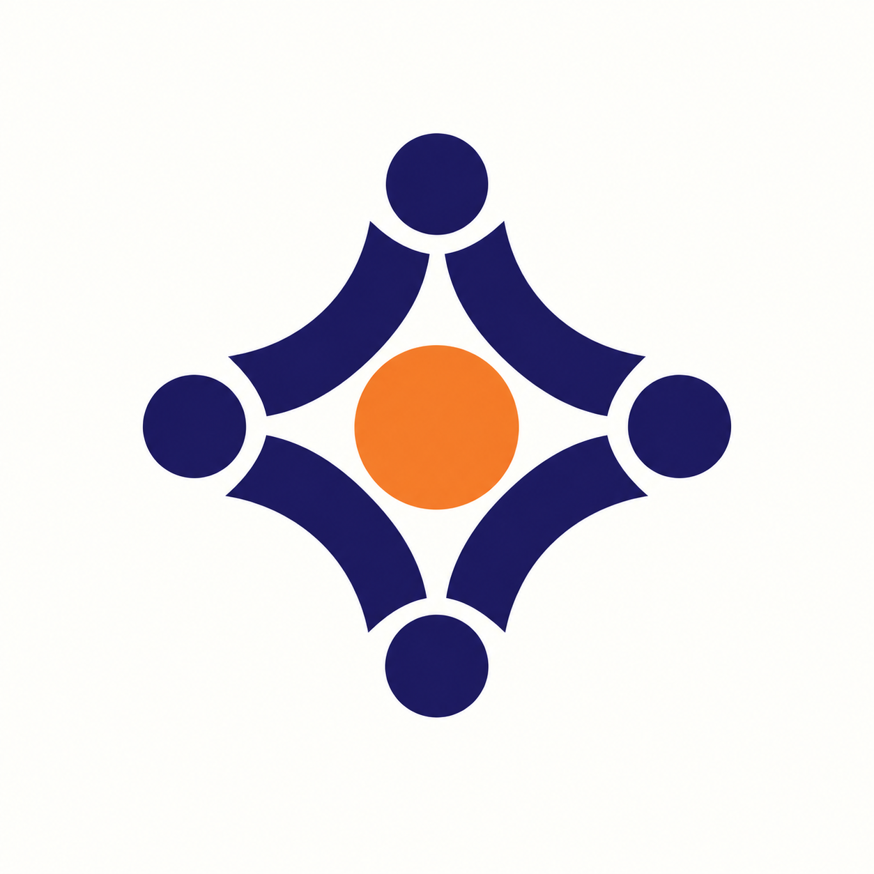 A graphic design with four navy blue circles connected by arcs, surrounding a central orange circle, all on a white background.