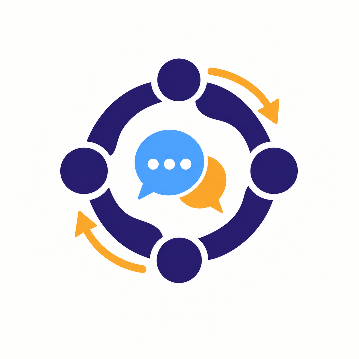 Illustration of a team communication process with four people connected in a circle, two speech bubbles in the center, and arrows indicating interaction.