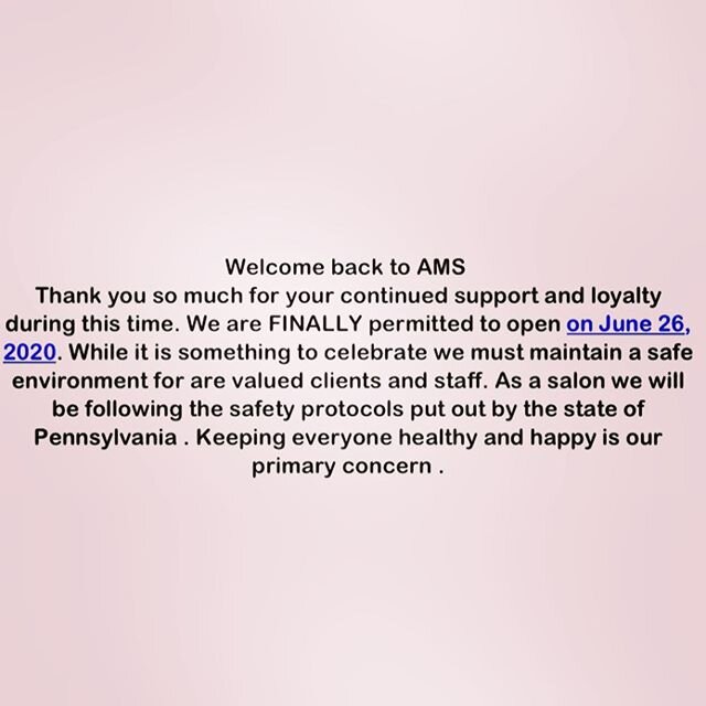 We can&rsquo;t wait to see you back in the salon . We have been working tirelessly to have a safe and healthy environment for our clients and staff. Please understand your color appointments will require more work and is subject to a price increase ,