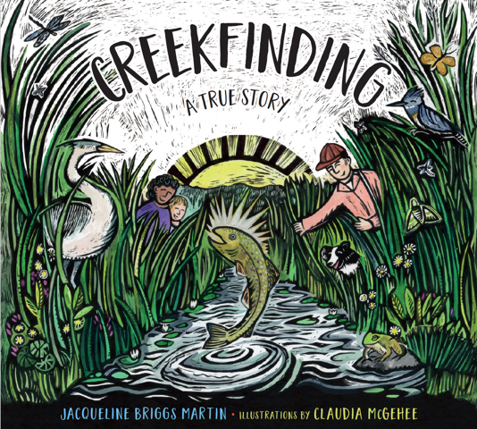 A lucky collaboration with writer friend Jacqueline Briggs Martin created "Creekfinding: A True Story" about the restoration of a creek in north eastern Iowa. The cover deadline was approaching and I was working on the final art when Mike Osterholm, the real guy who rebuilt the creek, told us his beloved dog Max had died. Max had been there all during the restoration. I had time to "collage" Max in the cover art as a tribute. Below, some images of the process, from initial research to final art.
