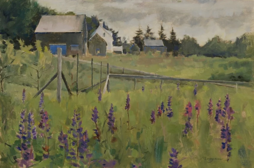 Barns with Lupine Oil on Linen, 12" x 18"
