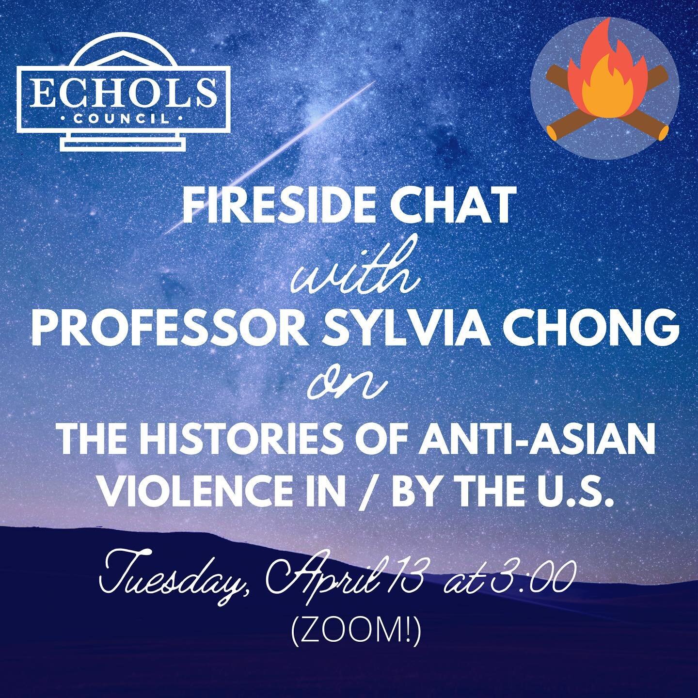 Please join us for the Fireside Chat tomorrow, April 13th at 3:00 PM on Zoom! Prof. Sylvia Chong will be presenting on the Histories of Anti-Asian Violence in / by the U.S. (link  to register in bio)