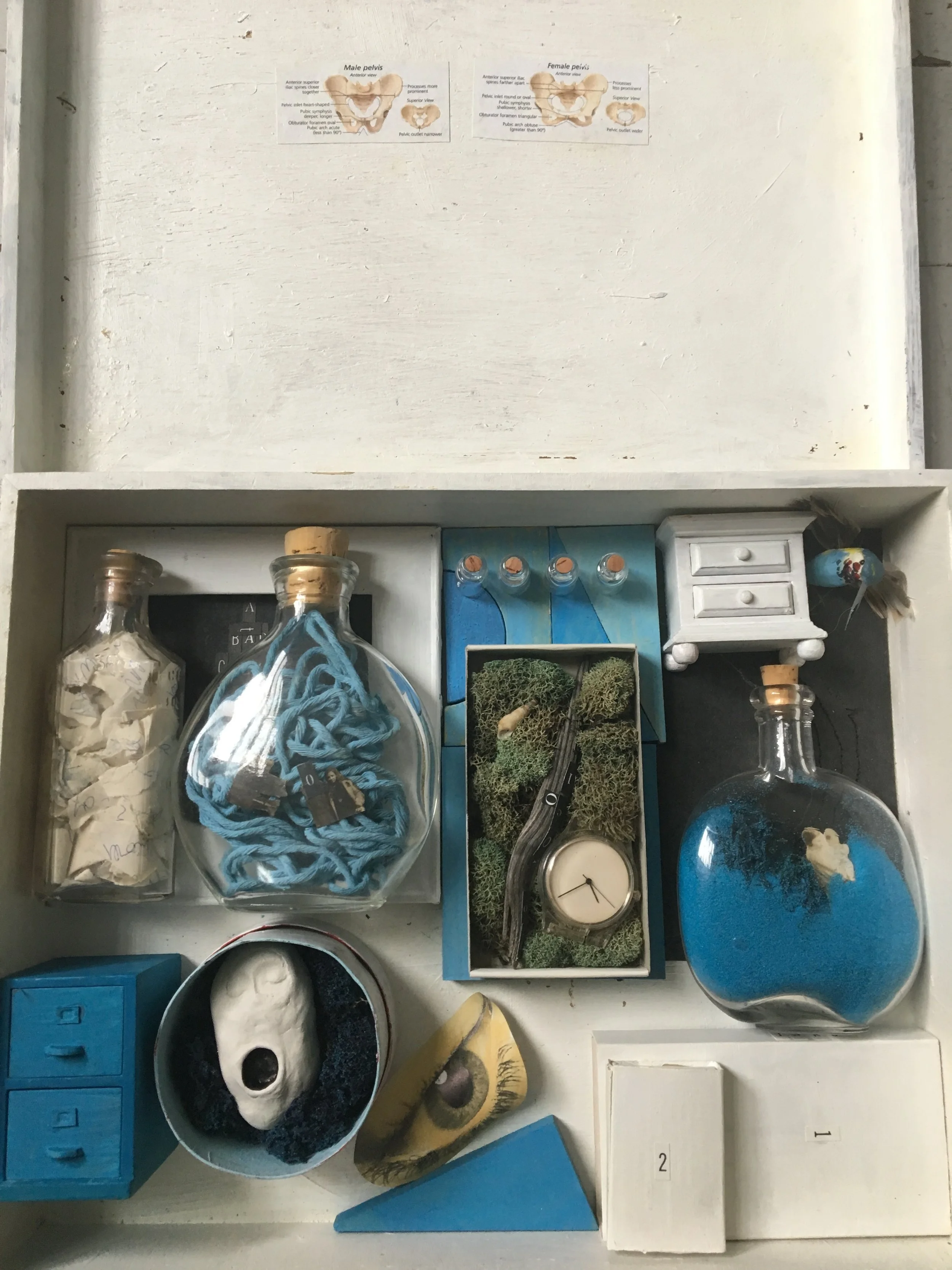This is a box that is the story behind one of my paintings each piece represents a memory or incident that occurred in my past.