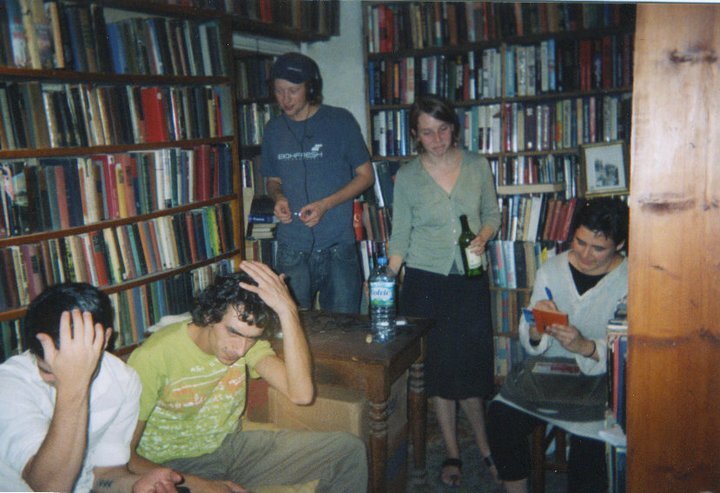  I only had a throw away camera and asked everyone if I could take their picture they went to fix their hair lol! We were making a song together about our stay at Shakespeare and Co. This was my last night there I think I went back to America from Pa