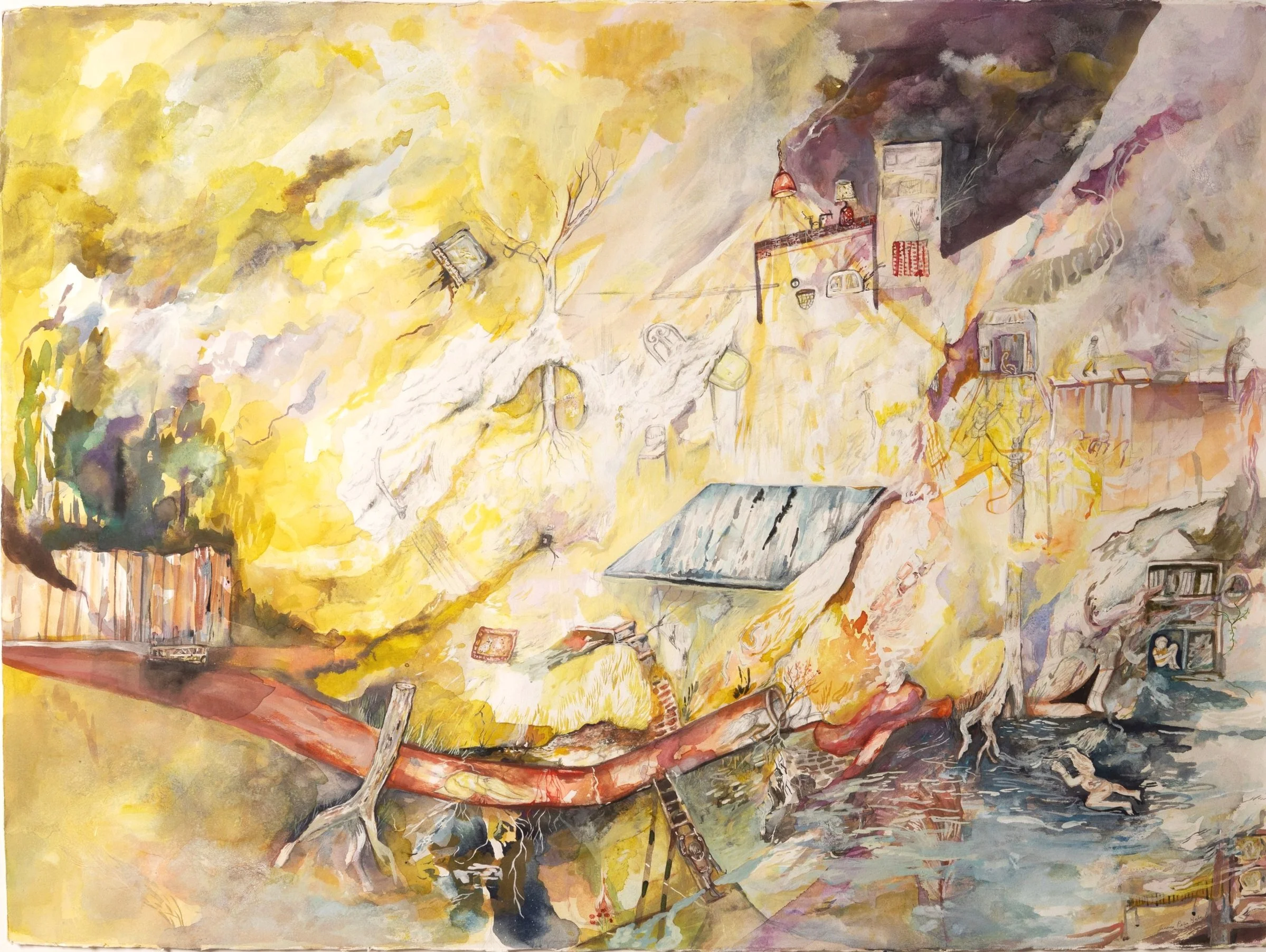 Expanding Time Inside a Body, Erasing 22 x 30 in. watercolor, gouache, ink, acrylic, charcoal, graphite, colored pencil on paper Photo: Majestic Moments
