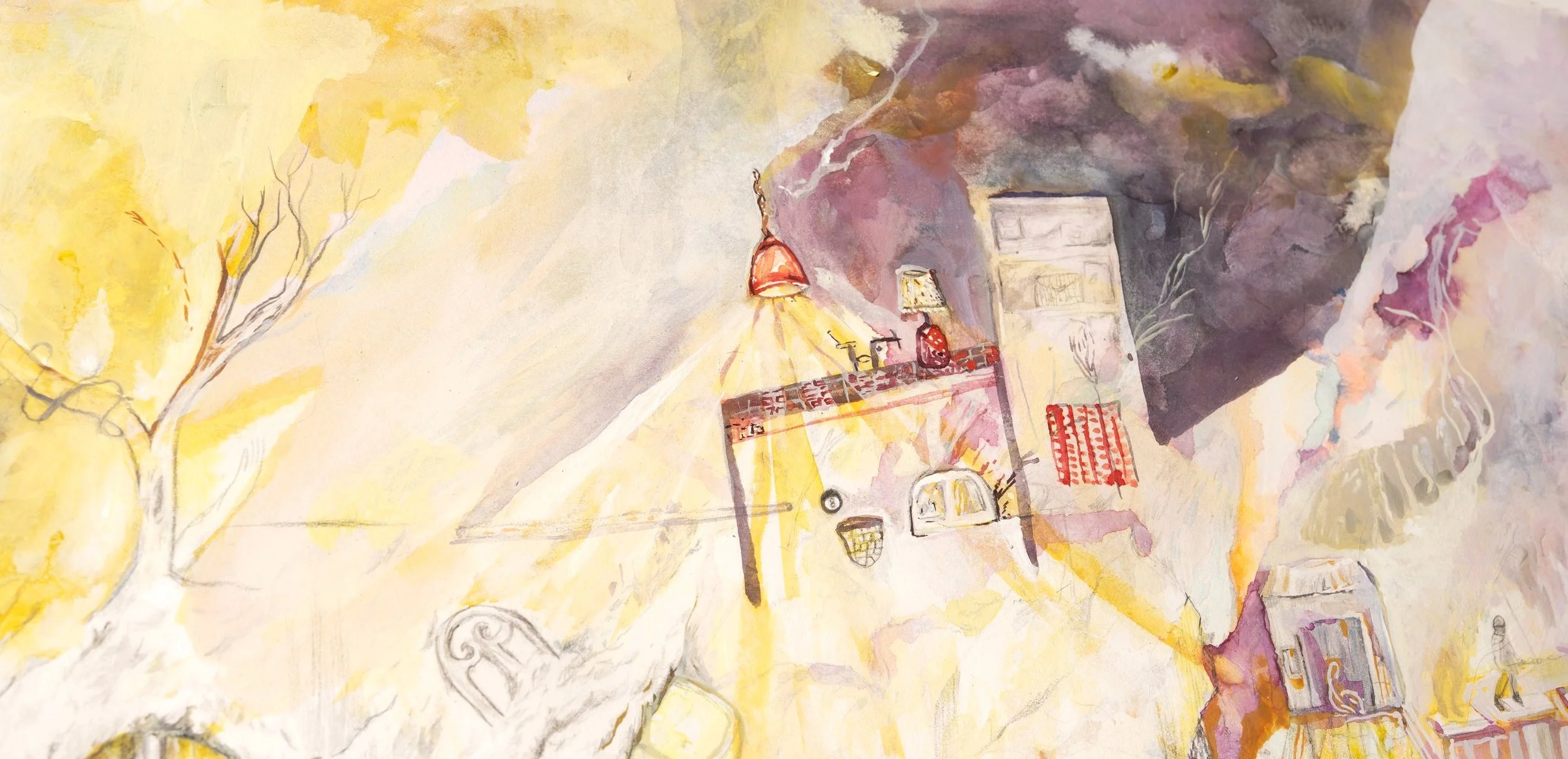 Expanding Time Inside a Body, Erasing 22 x 30 in. watercolor, gouache, ink, acrylic, charcoal, graphite, colored pencil on paper Photo: Majestic Moments