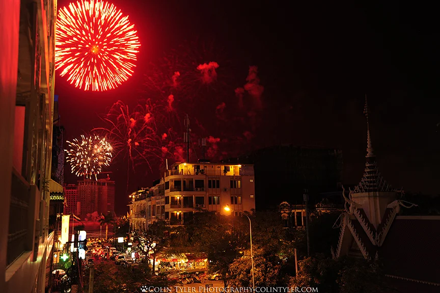 Fireworks celebrating the 10th anniversary of the coronation of King Norodom Sihamoni, Phnom Penh