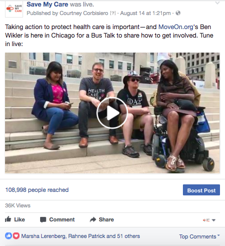 in chicago, we hosted a facebook live with ben wikler, moveon.org's washington director, and representatives from women's march and adapt to discuss the organizing happening on the ground to push back against trumpcare.
