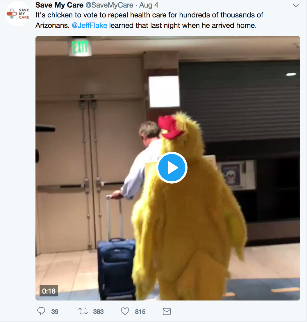 we learned on twitter that senator jeff flake was on a flight from dc to phoenix and organized a small protest at the airport.