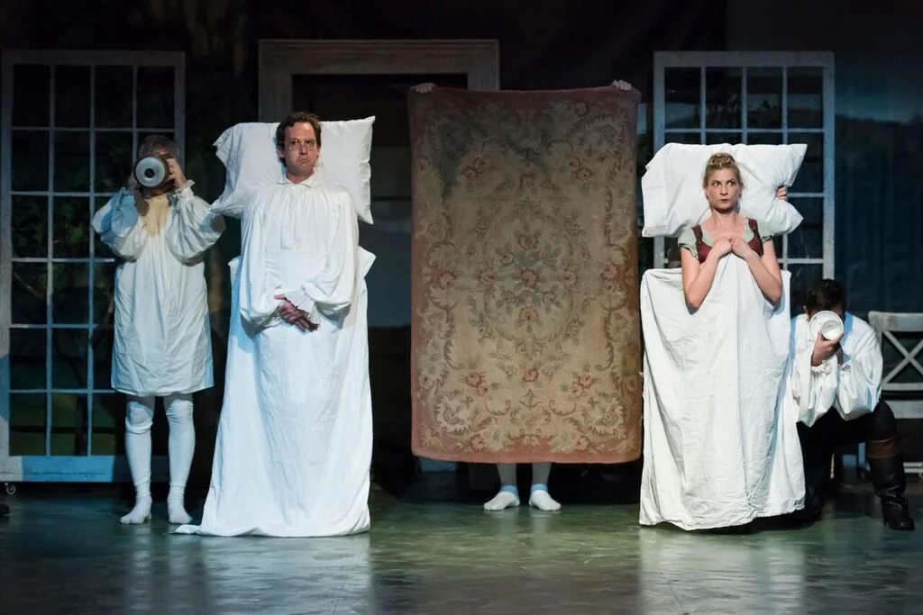 John Russell as John Dashwood and Laura Baranik as Fanny Dashwood in Bedlam's acclaimed Sense and Sensibility . 