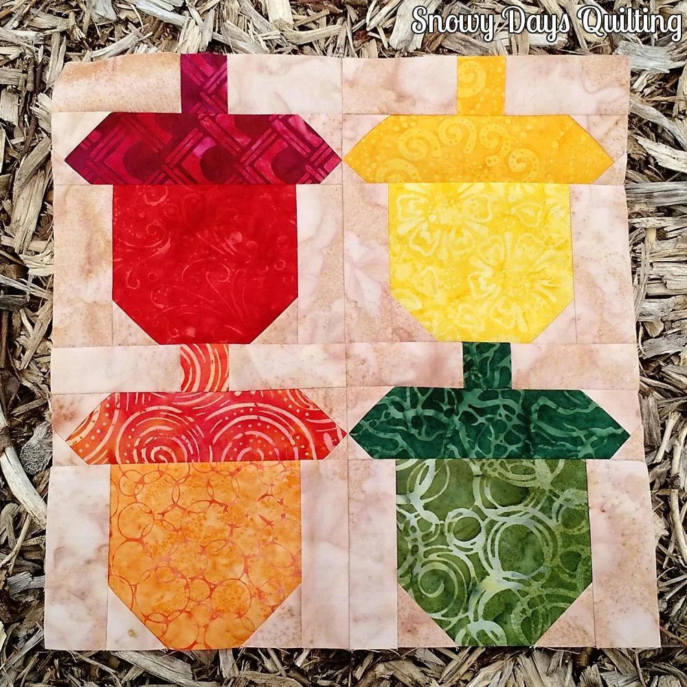 "Acorns” is a Free Autumn Quilt Block Pattern designed by Bobbi Bridgeman from Snowy Days Quilting!