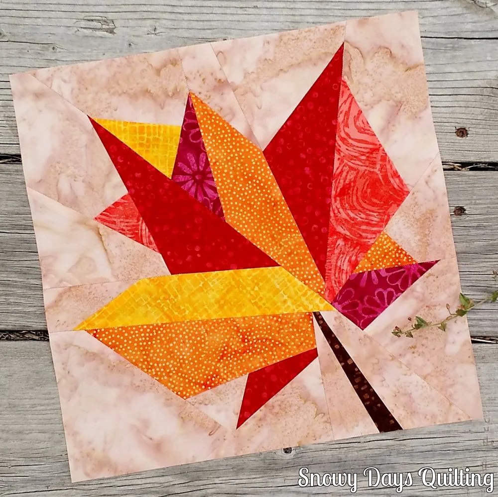 "Autumn Leaf” is a Free Autumn Quilt Block Pattern designed by Bobbi Bridgeman from Snowy Days Quilting!