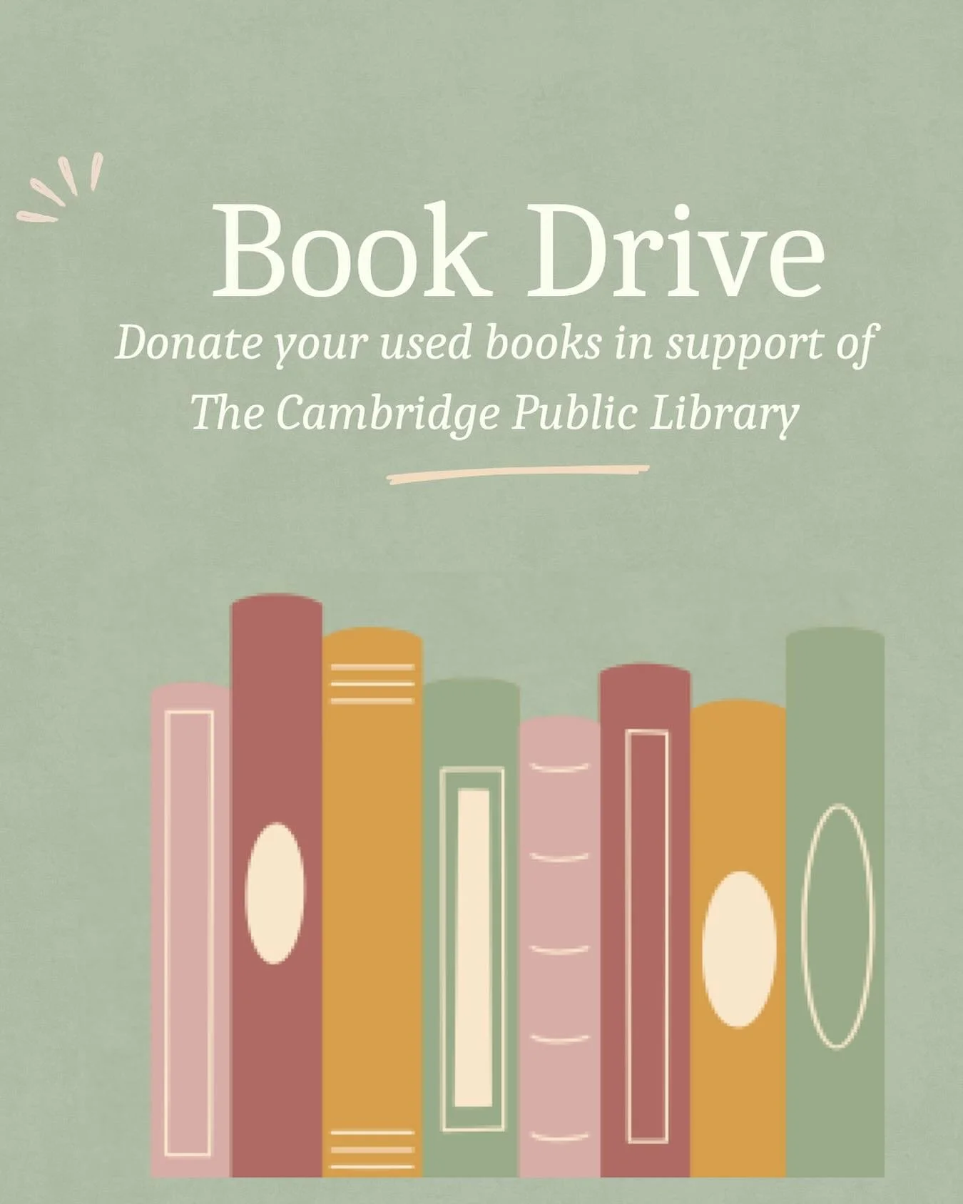 📚 BOOK DRIVE THIS WEEKEND!
Donated books will be resold to the public and proceeds benefit the Cambridge Public Library. 

When &amp; where can you donate your used books? 
May 3&ndash;4 or May 17&ndash;18, from 1&ndash;5 PM at 20 Holyoke St, Cambri