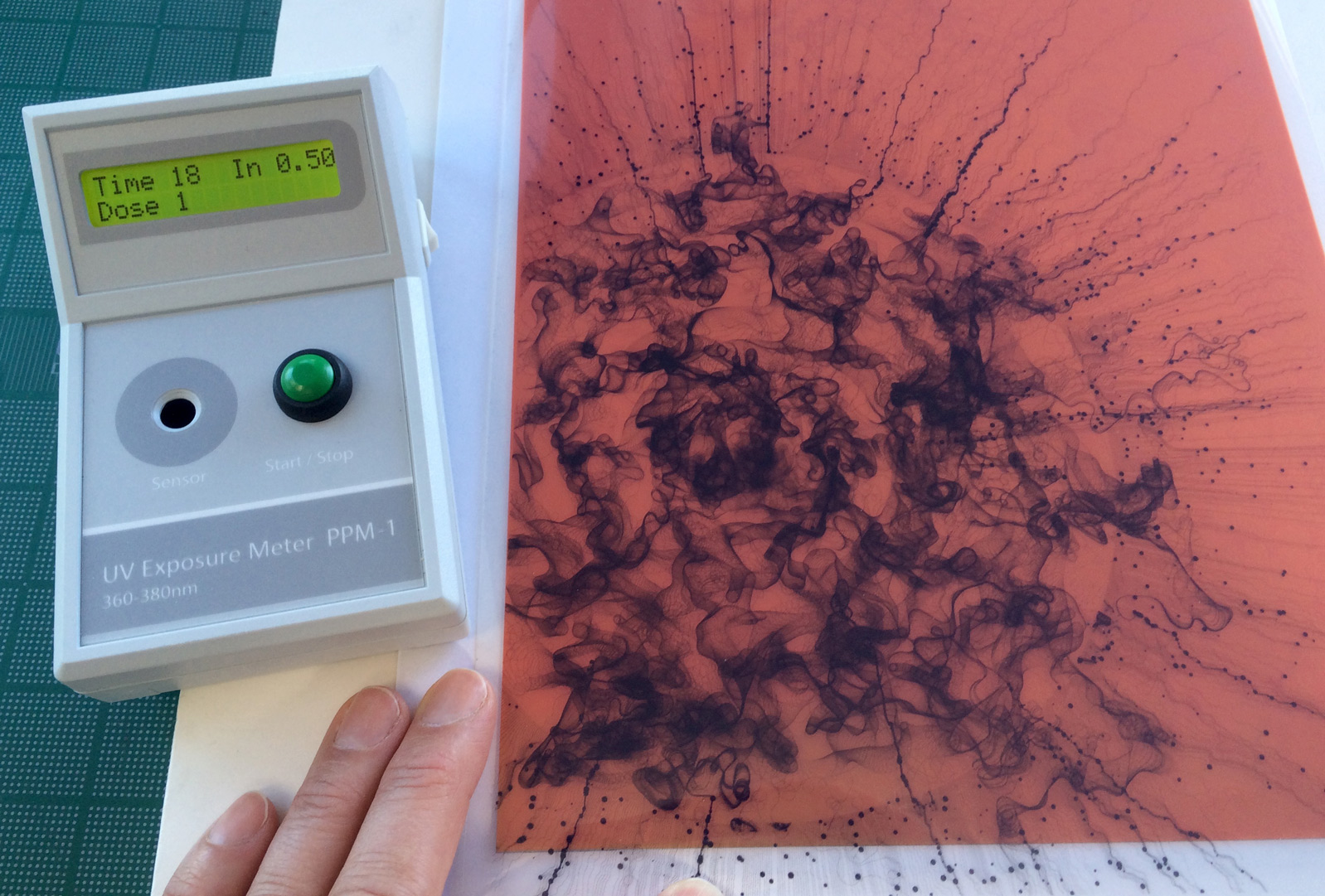 Using the PPM-1 meter to monitor ambient UV light in the studio. Note that the meter is not sensitive to visible light, only those wavelengths which might inadvertently expose your UV sensitive medium.