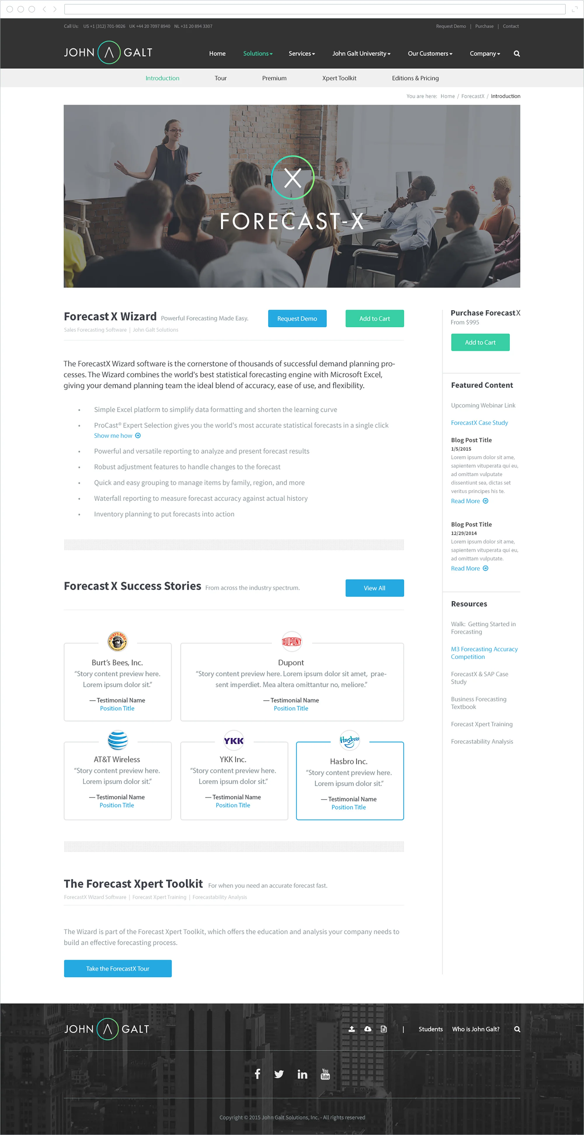 Product page designs for John Galt's two premier software suites, Forecast-X, and the Atlas Suite