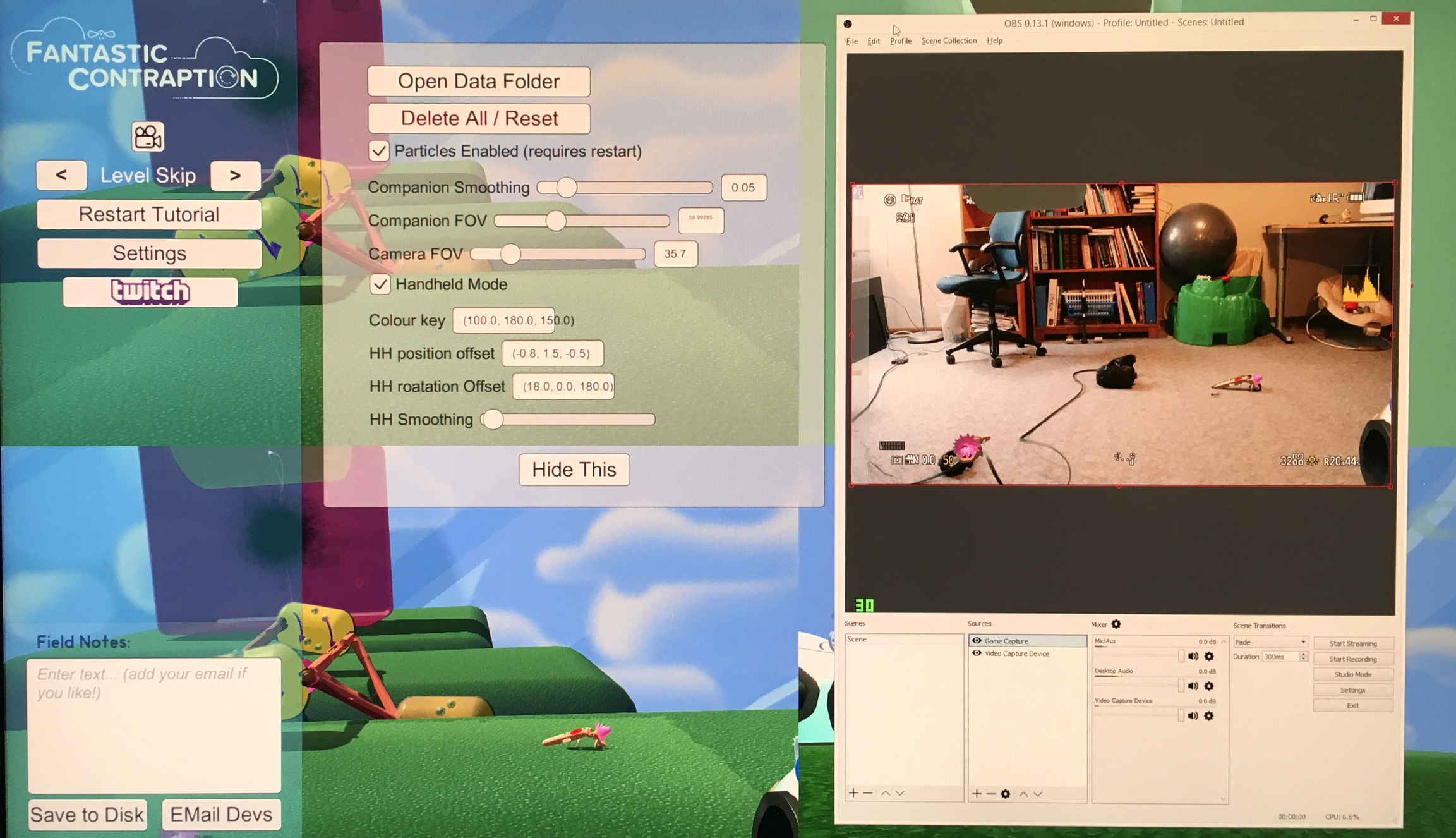 An example of how we calibrated the in-game camera to the physical camera with the in-game controllers overlaid on top of the DSLR output using OBS. 