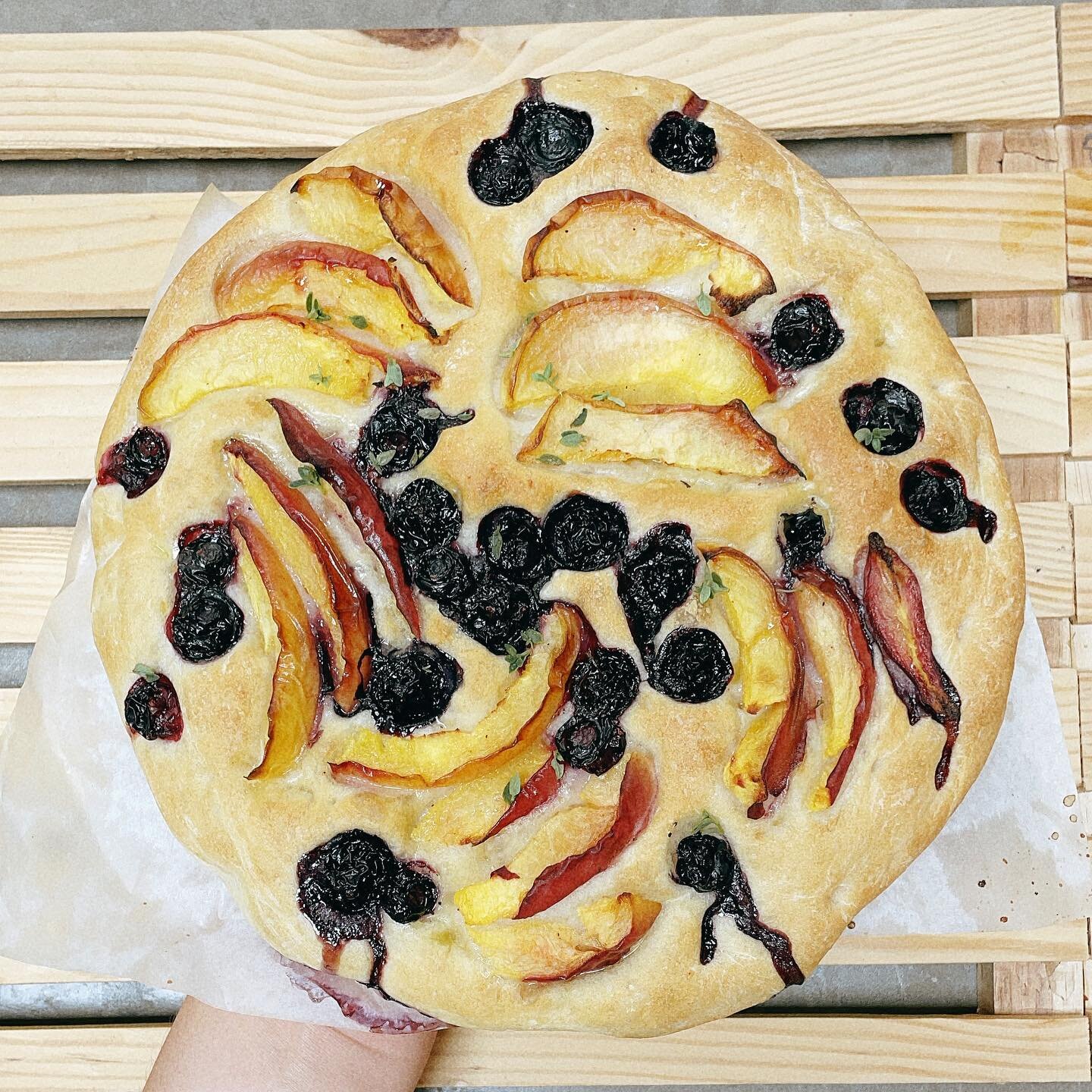 Made more focaccia today, including this Peach Blueberry with Thyme! 🍑🫐🍃 Super seasonal, summery &amp; yummy!