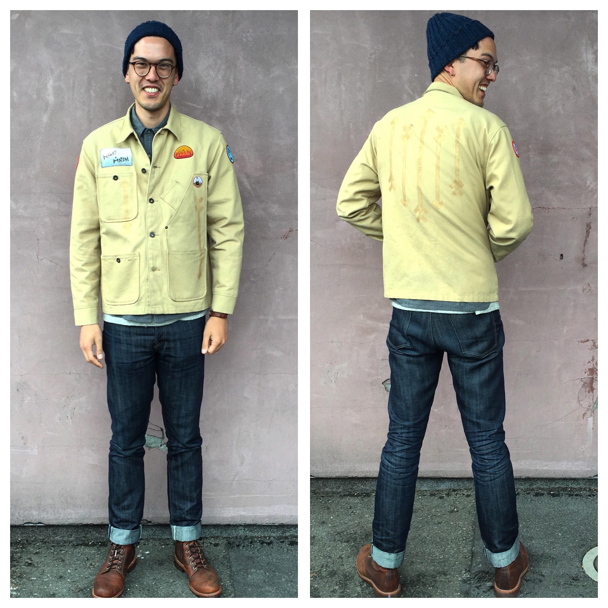 Michael in his Tellason coat with hand-painted arrows by Featherweight Studio