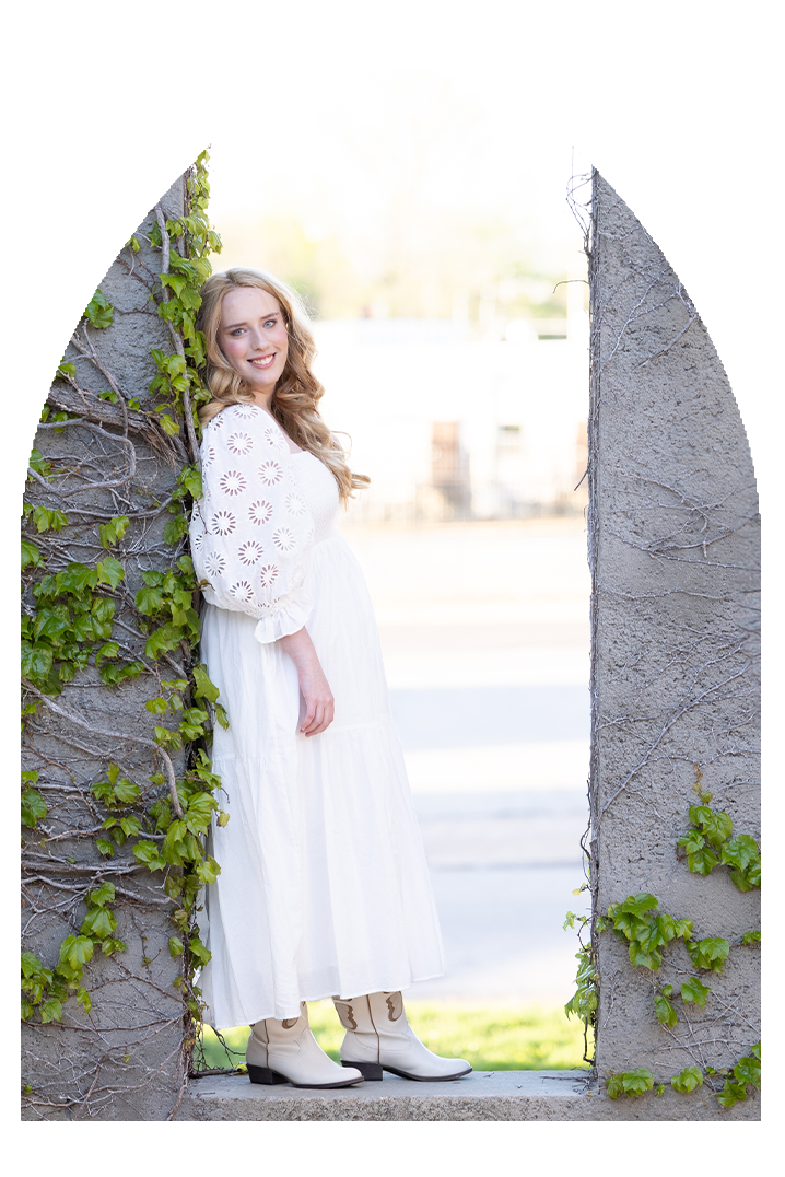 Catholic senior girl in white dress