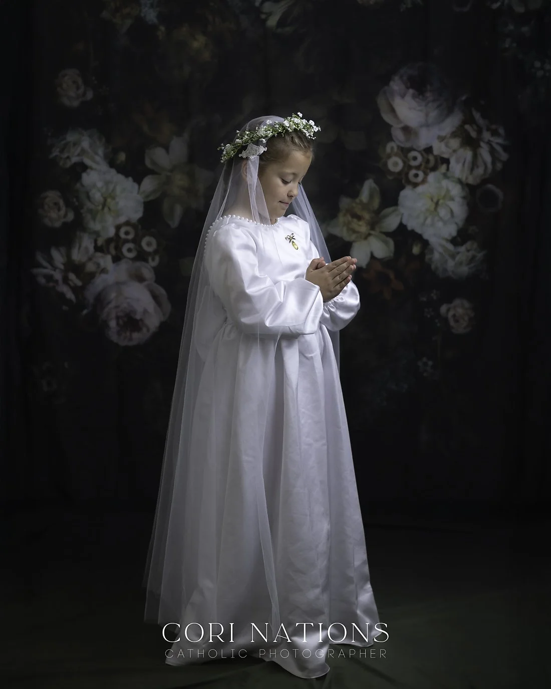 First Communion studio floral background photography St. Louis, Missouri