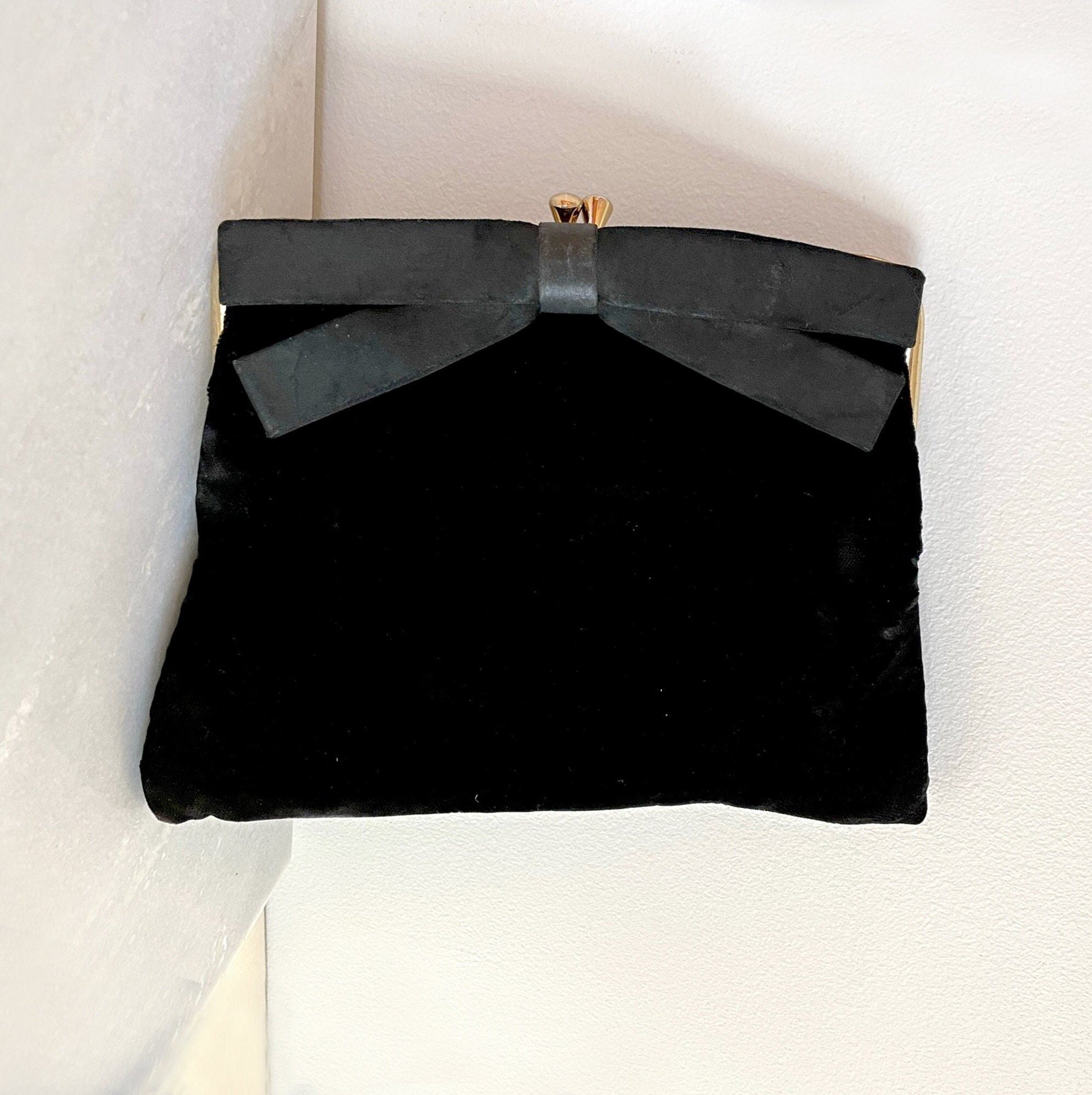 Vintage Black Satin Bow Evening Bag