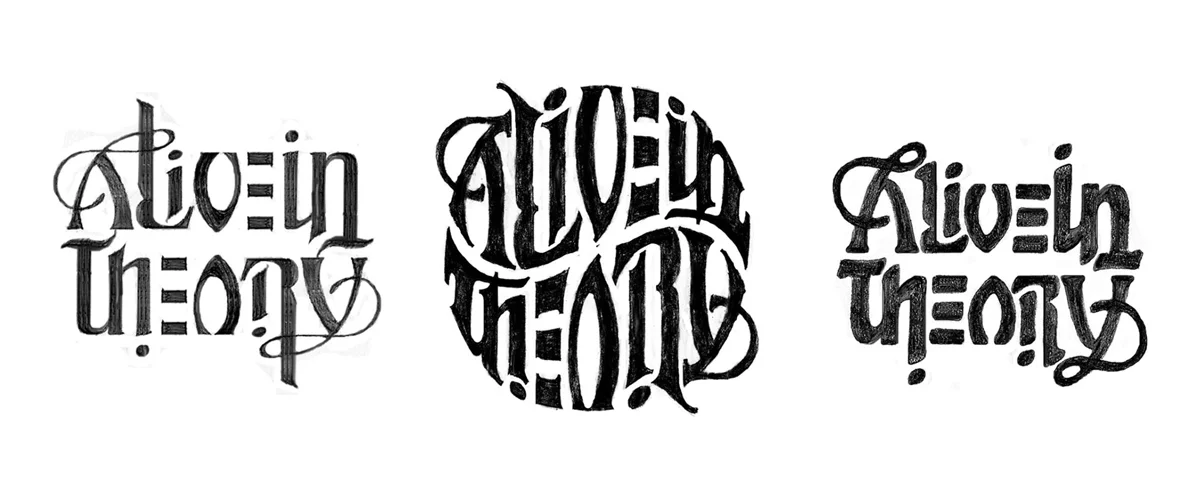 John's ambigram logo sketches for the band Alive in Theory