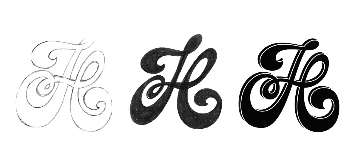 Sketch, refined and vectored letterform